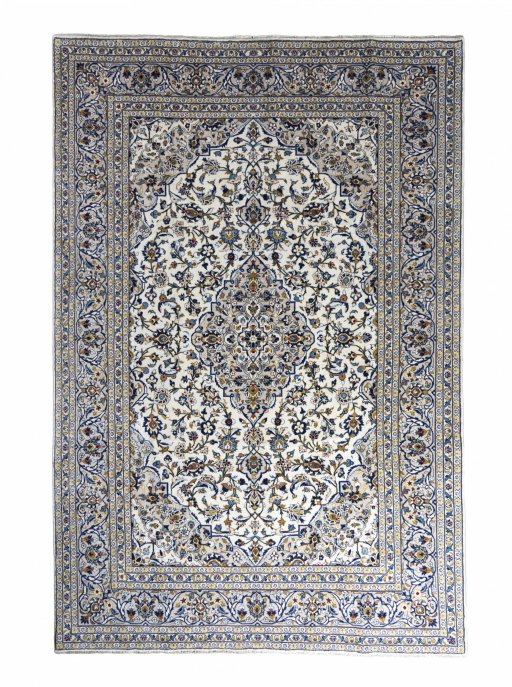 Full view of 2000s Kashan rug from Iran / Persia, 357 × 242 cm in Beige tones
