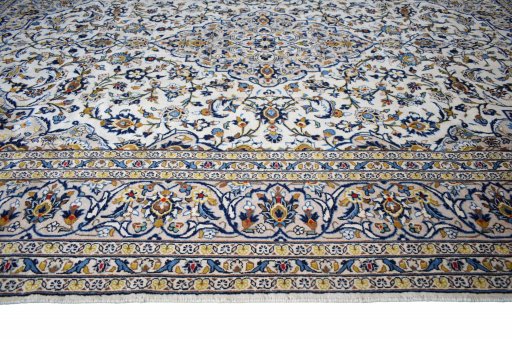 Full view of 2000s Kashan rug from Iran / Persia, 357 × 242 cm in Beige tones