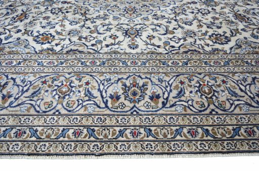 Full view of 2000s Kashan rug from Iran / Persia, 342 × 242 cm in Beige tones