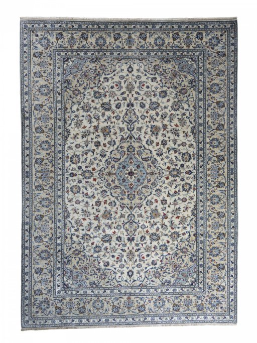 Full view of 2000s Kashan rug from Iran / Persia, 353 × 251 cm in Beige tones