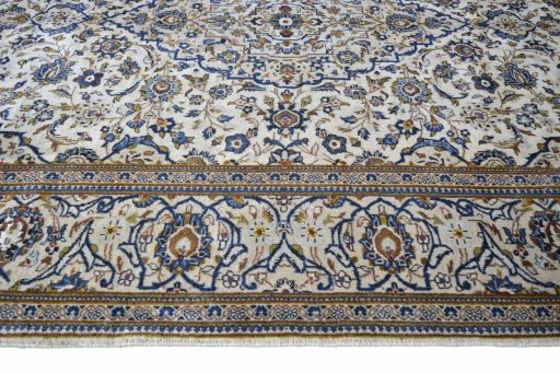 Full view of 2000s Kashan rug from Iran / Persia, 292 × 195 cm in Beige tones