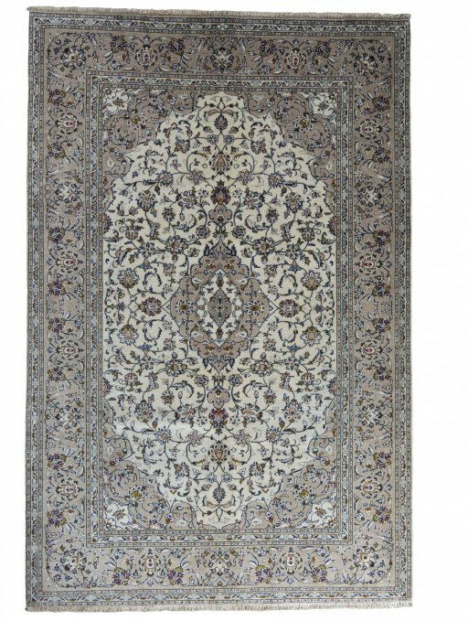 Full view of 2000s Kashan rug from Iran / Persia, 303 × 198 cm in Beige tones