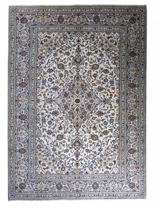 Full view of 2000s Kashan rug from Iran / Persia, 345 × 248 cm in Beige tones