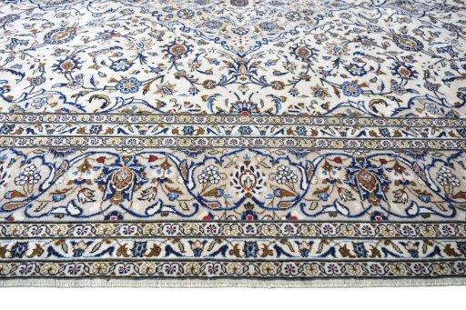 Full view of 2000s Kashan rug from Iran / Persia, 345 × 248 cm in Beige tones