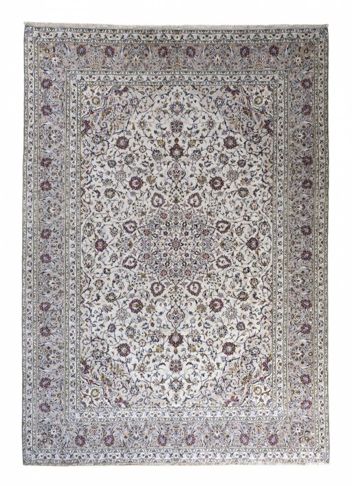 Full view of 2000s Kashan rug from Iran / Persia, 348 × 247 cm in Beige tones