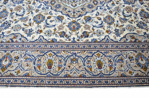 Full view of 2000s Kashan rug from Iran / Persia, 295 × 198 cm in Beige tones
