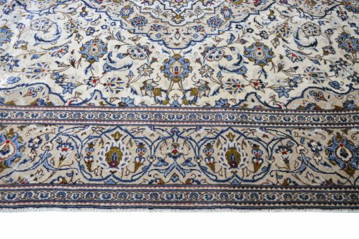 Full view of 2000s Kashan rug from Iran / Persia, 318 × 195 cm in Beige tones