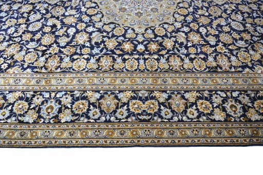 Full view of 2000s Kashan rug from Iran / Persia, 415 × 305 cm in Blue tones