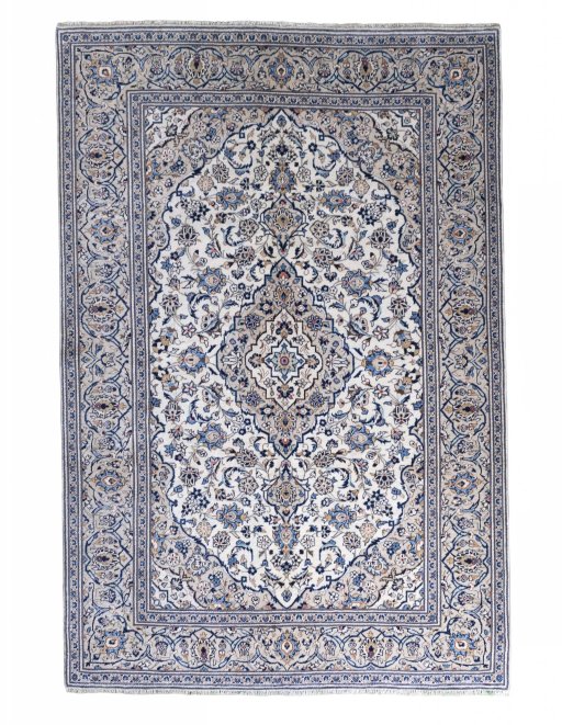 Full view of 2000s Kashan rug from Iran / Persia, 289 × 193 cm in Beige tones