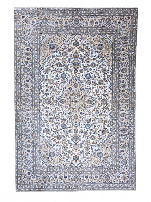 Full view of 2000s Kashan rug from Iran / Persia, 365 × 246 cm in Beige tones
