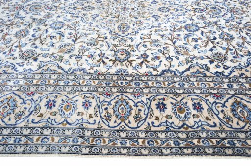 Full view of 2000s Kashan rug from Iran / Persia, 365 × 246 cm in Beige tones