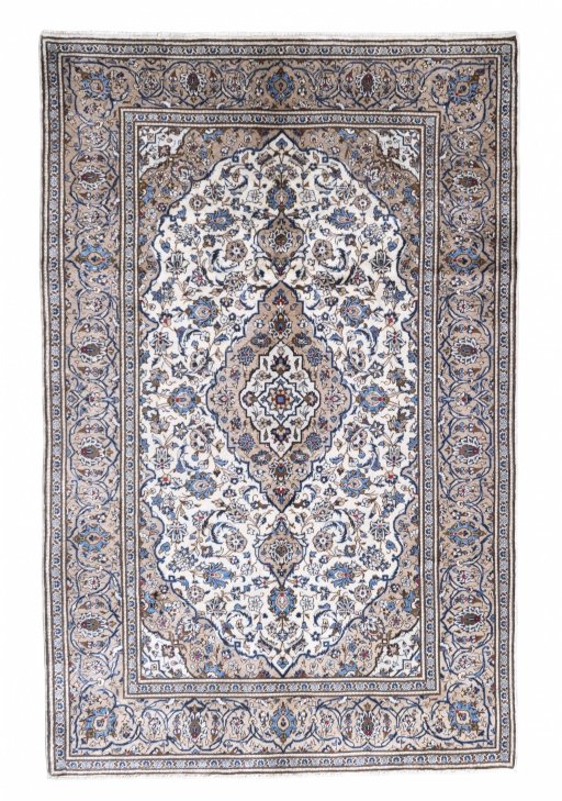 Full view of 2000s Kashan rug from Iran / Persia, 300 × 194 cm in Beige tones