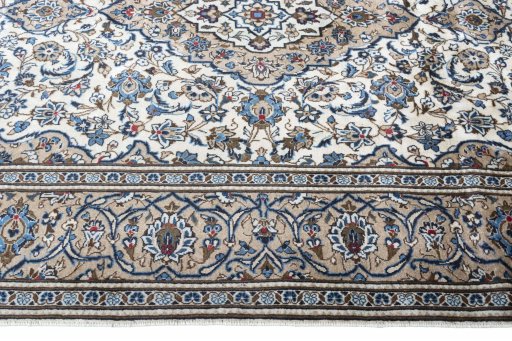 Full view of 2000s Kashan rug from Iran / Persia, 300 × 194 cm in Beige tones