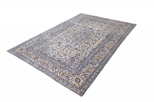 Corner detail of 2000s Kashan rug showing border pattern and Wool pile