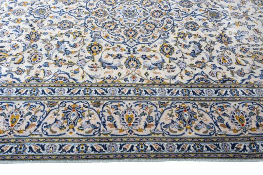 Full view of 2000s Kashan rug from Iran / Persia, 357 × 245 cm in Beige tones