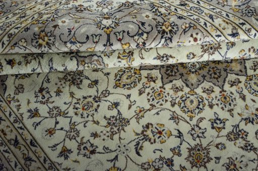 Full view of 2000s Kashan rug from Iran / Persia, 350 × 245 cm in Beige tones