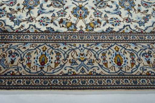 Full view of 2000s Kashan rug from Iran / Persia, 300 × 195 cm in Beige tones