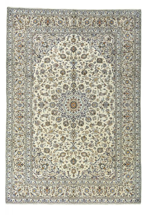 Full view of 2000s Kashan rug from Iran / Persia, 355 × 245 cm in Beige tones