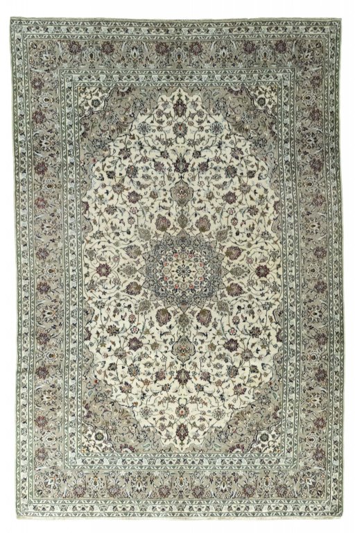 Full view of 2000s Kashan rug from Iran / Persia, 300 × 198 cm in Beige tones