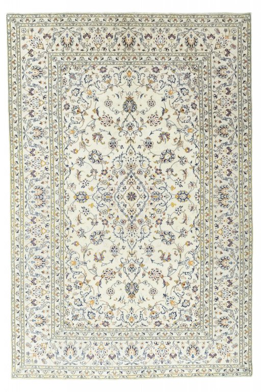 Full view of New Kashan rug from Iran / Persia, 300 × 200 cm in Beige tones