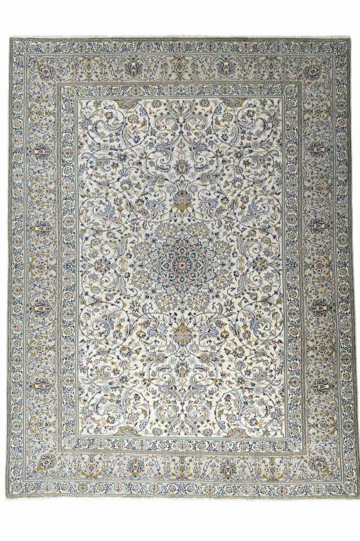 Corner detail of 2000s Kashan rug showing border pattern and Wool pile