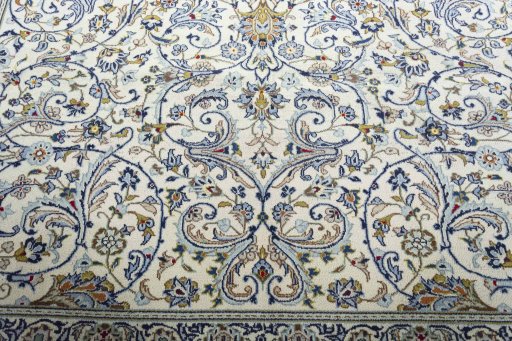 Full view of 2000s Kashan rug from Iran / Persia, 395 × 298 cm in Beige tones