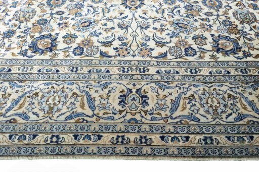 Full view of 2000s Kashan rug from Iran / Persia, 412 × 292 cm in Beige tones