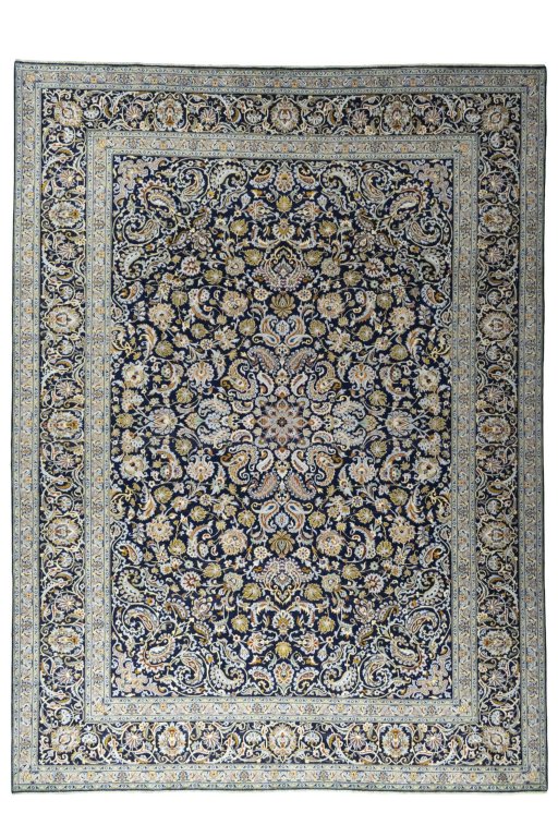 Full view of 2000s Kashan rug from Iran / Persia, 418 × 309 cm in Blue tones