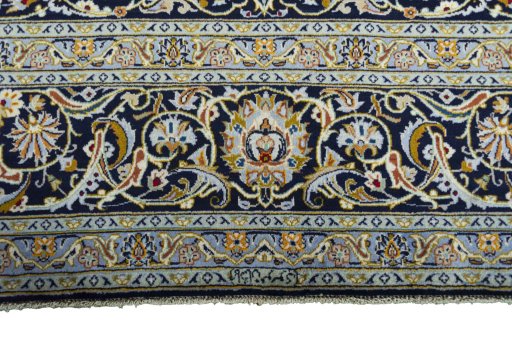 Full view of 2000s Kashan rug from Iran / Persia, 418 × 309 cm in Blue tones