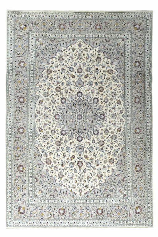 Full view of New Kashan rug from Iran / Persia, 362 × 248 cm in Beige tones