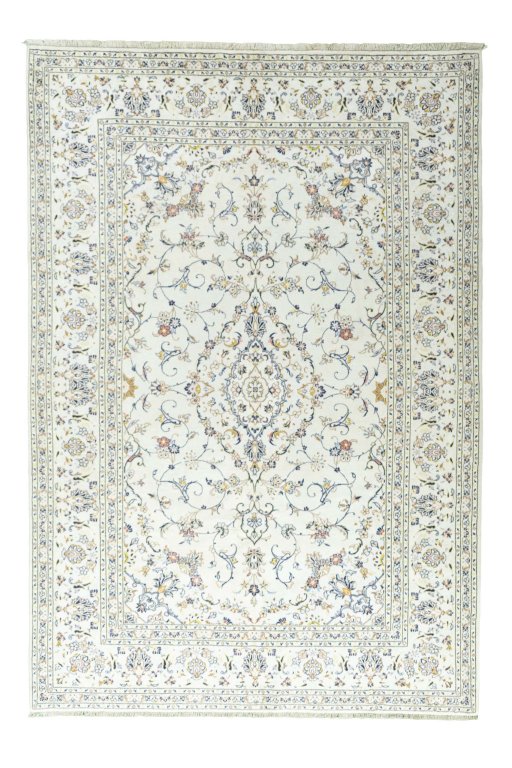 Full view of 2000s Kashan rug from Iran / Persia, 301 × 207 cm in Beige tones