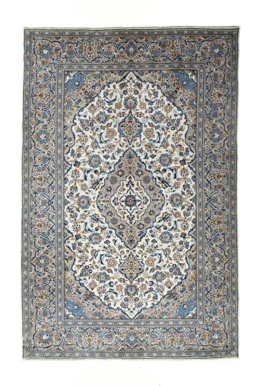 Full view of 2000s Kashan rug from Iran / Persia, 303 × 200 cm in Beige tones