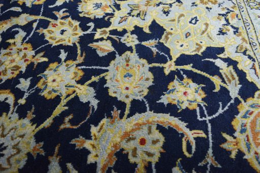 Full view of 2000s Kashan rug from Iran / Persia, 356 × 258 cm in Blue tones