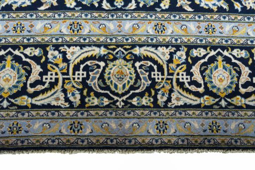 Full view of 2000s Kashan rug from Iran / Persia, 413 × 290 cm in Blue tones
