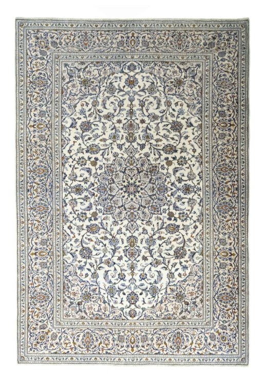 Full view of 2000s Kashan rug from Iran / Persia, 310 × 210 cm in Beige tones