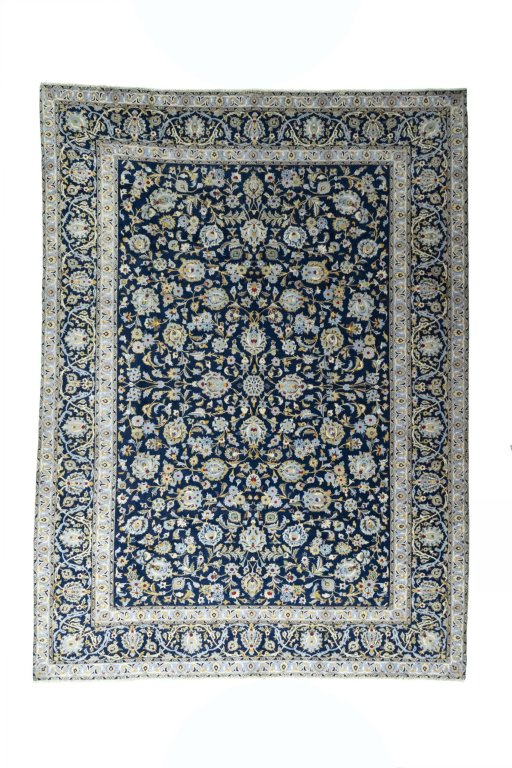 Full view of 2000s Kashan rug from Iran / Persia, 335 × 246 cm in Blue tones