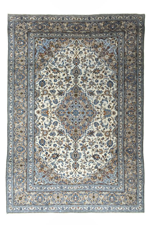 Full view of 2000s Kashan rug from Iran / Persia, 350 × 242 cm in Beige tones