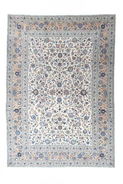 Full view of 2000s Kashan rug from Iran / Persia, 414 × 295 cm in Beige tones