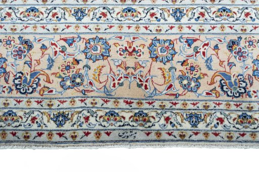 Full view of 2000s Kashan rug from Iran / Persia, 414 × 295 cm in Beige tones