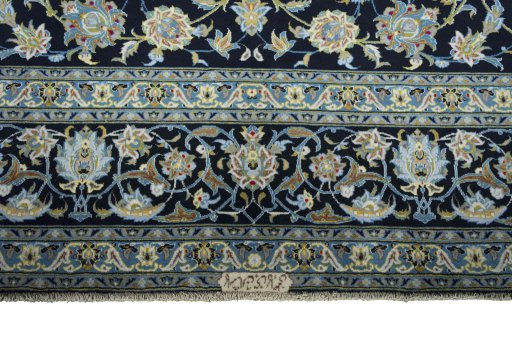 Full view of 2000s Kashan rug from Iran / Persia, 393 × 294 cm in Blue tones