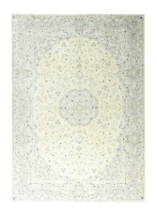 Full view of New Kashan rug from Iran / Persia, 352 × 250 cm in Beige tones