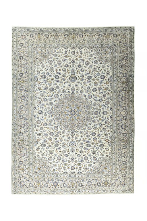 Full view of 2000s Kashan rug from Iran / Persia, 411 × 303 cm in Beige tones