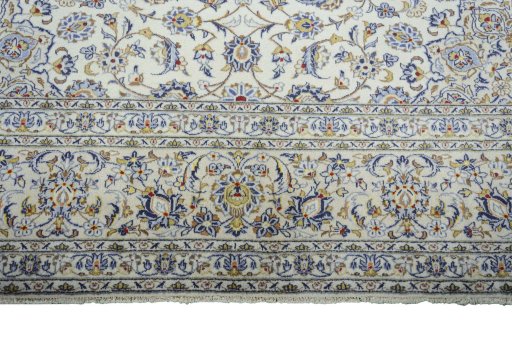 Full view of 2000s Kashan rug from Iran / Persia, 411 × 303 cm in Beige tones