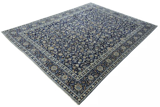 Corner detail of 2000s Kashan rug showing border pattern and Wool pile
