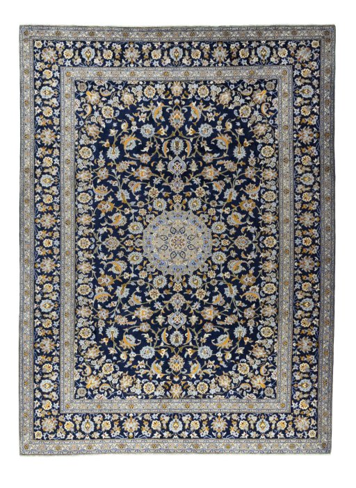 Full view of 2000s Kashan rug from Iran / Persia, 374 × 276 cm in Blue tones