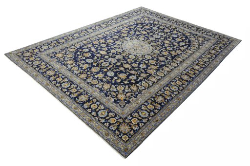 Corner detail of 2000s Kashan rug showing border pattern and Wool pile