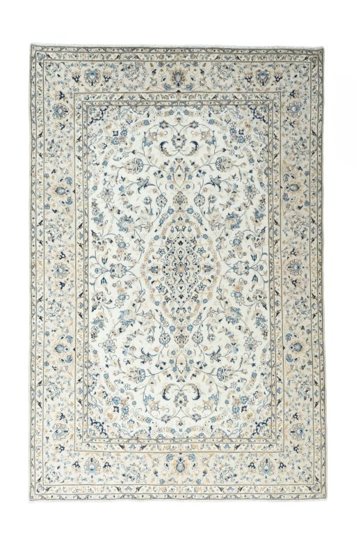 Full view of 2000s Kashan rug from Iran / Persia, 294 × 192 cm in Beige tones