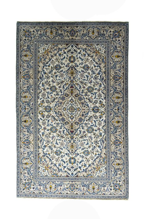 Full view of 2000s Kashan rug from Iran / Persia, 297 × 190 cm in Beige tones