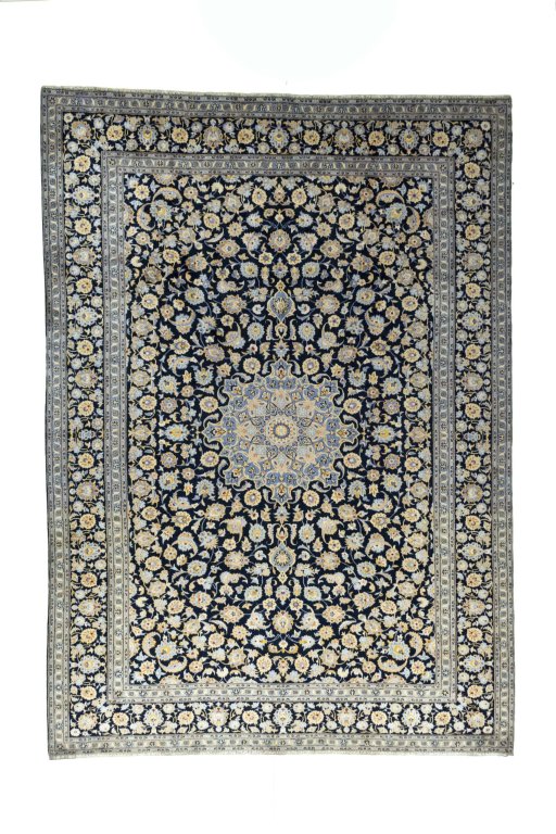 Full view of 2000s Kashan rug from Iran / Persia, 413 × 295 cm in Blue tones