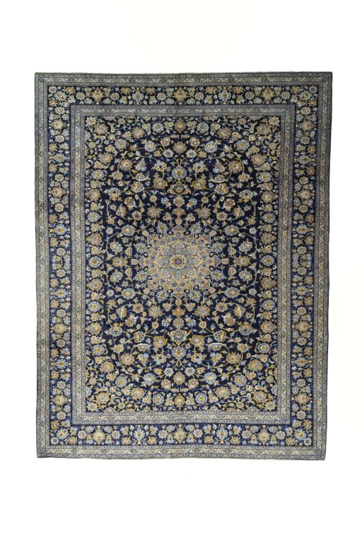 Full view of 2000s Kashan rug from Iran / Persia, 395 × 302 cm in Blue tones